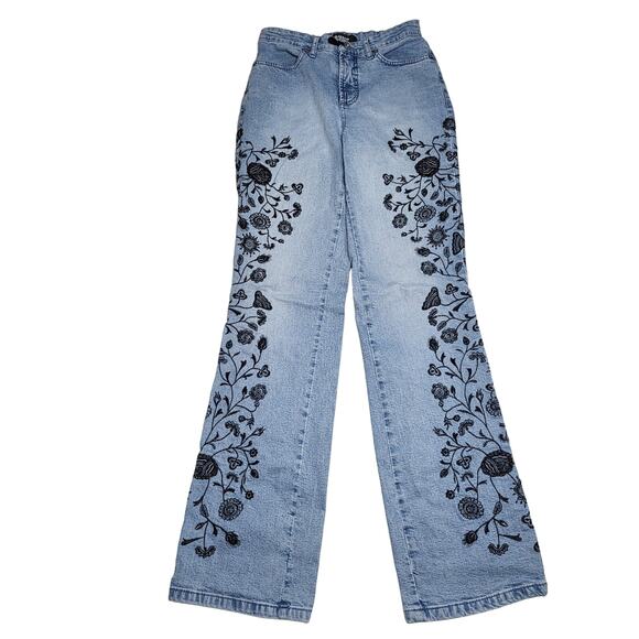 Vintage Cambio Mini Flare Leg Black Floral Embroidered Light Wash Jeans Size 2 - Picture 1 of 9